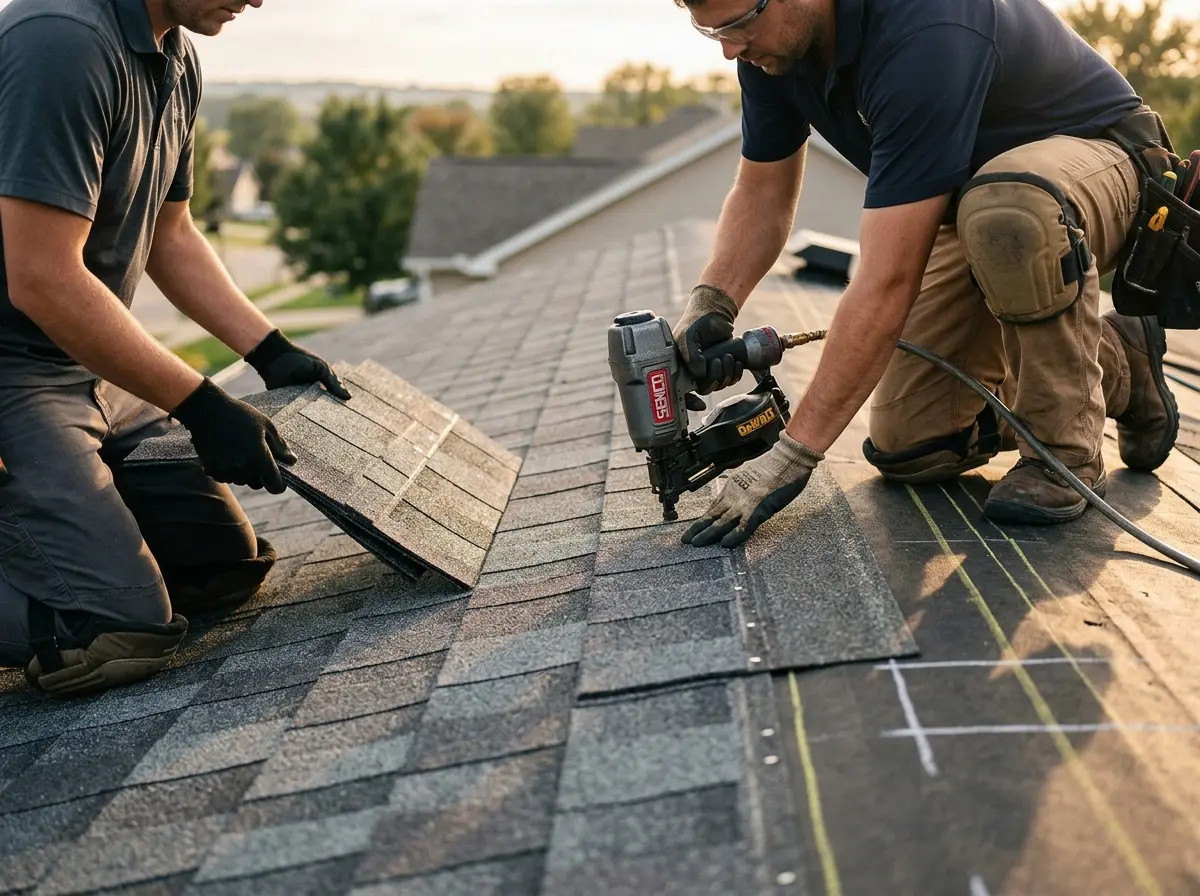 Professional roofer working on a residential roof in Brigham City